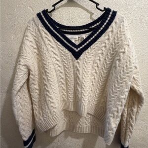 H&M L.O.G.G. Wool Blend Cable Knit Varsity Sweater Cream Navy Small